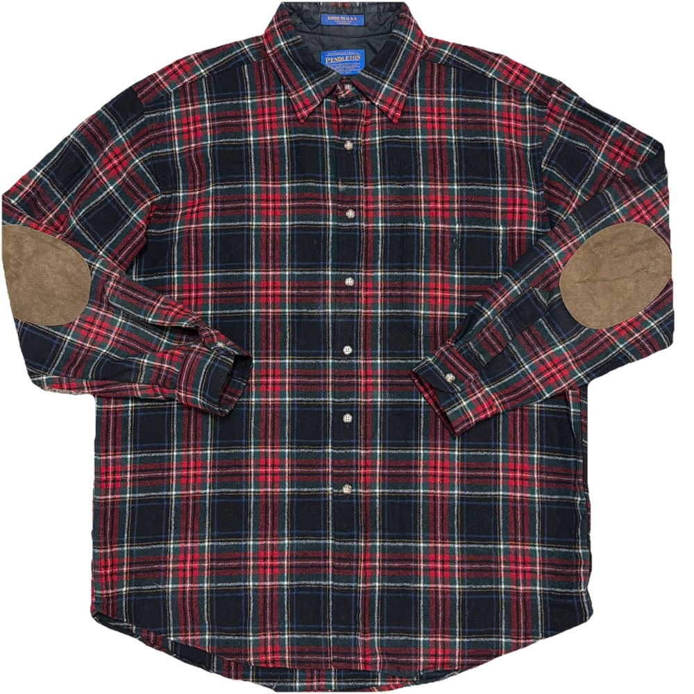 Pendleton Black Tartan Plaid Wool Long Sleeve Shirt Elbow Patches Large VTG